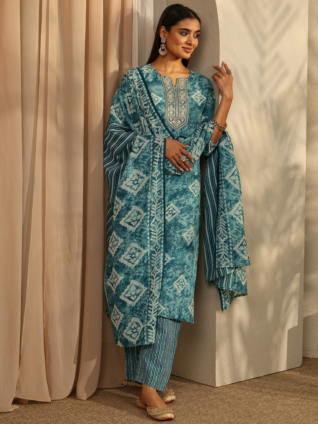 Blue Printed Cotton Blend Straight Suit Set With Dupatta