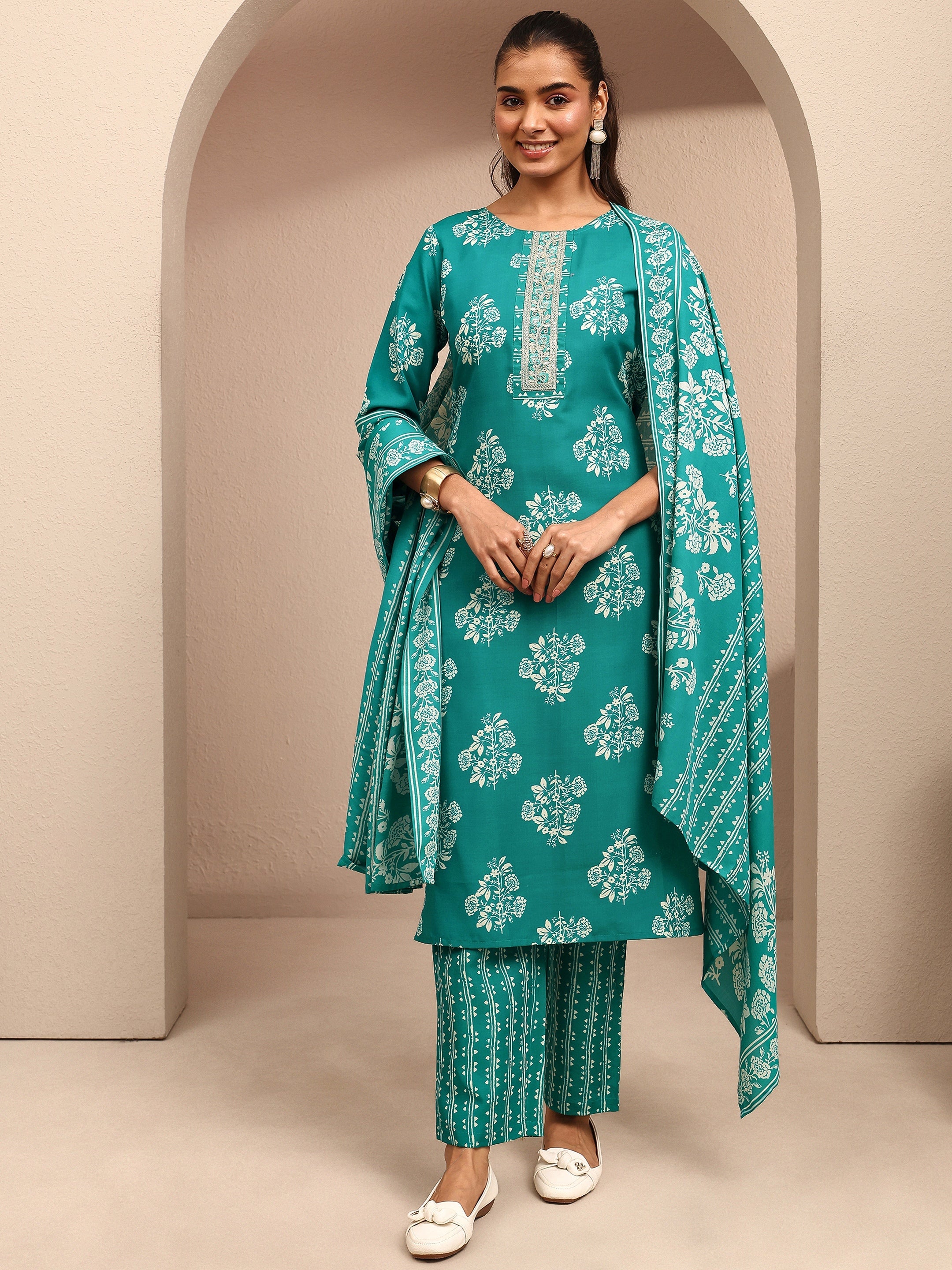 libas Blue Printed Cotton Blend Straight Suit Set With Dupatta-picture-57