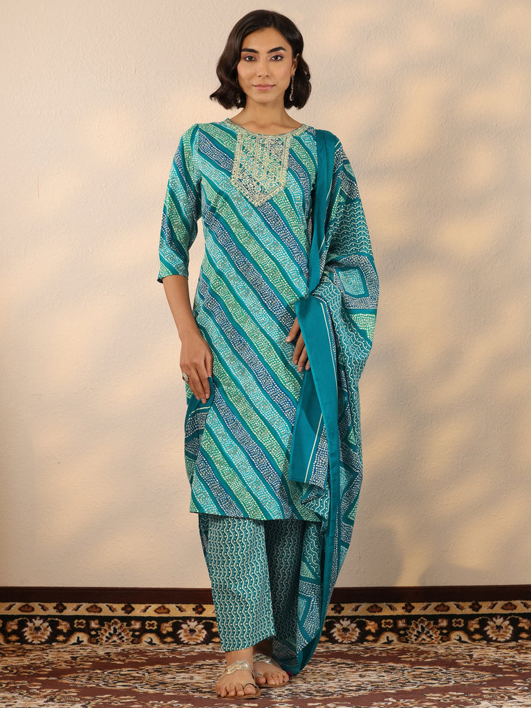 Gerua Blue Printed Cotton Blend Straight Suit Set With Dupatta