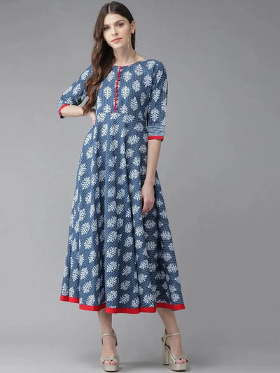 Blue Printed Cotton Dress - Libas