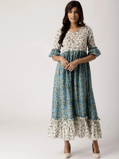 Blue Printed Cotton Dress - Libas