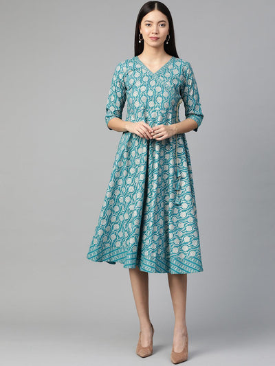 Blue Printed Cotton Dress - Libas