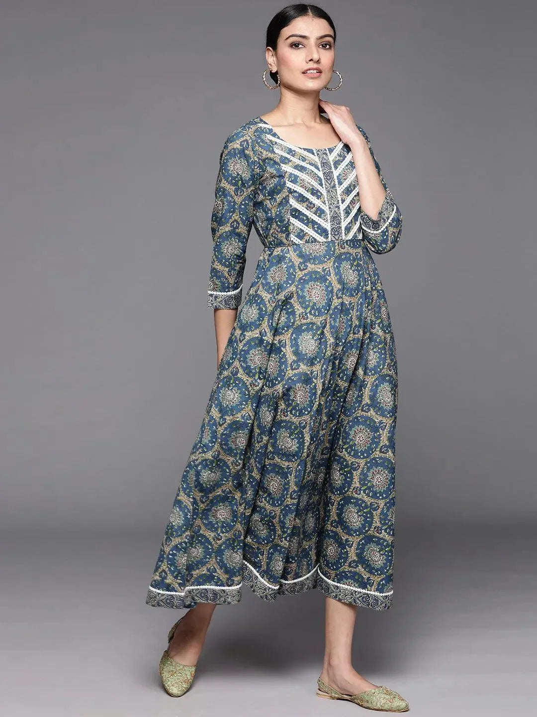 Blue Printed Cotton Dress - Libas