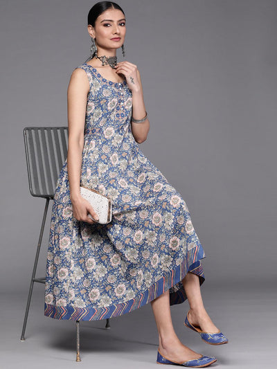 Blue Printed Cotton Dress - Libas