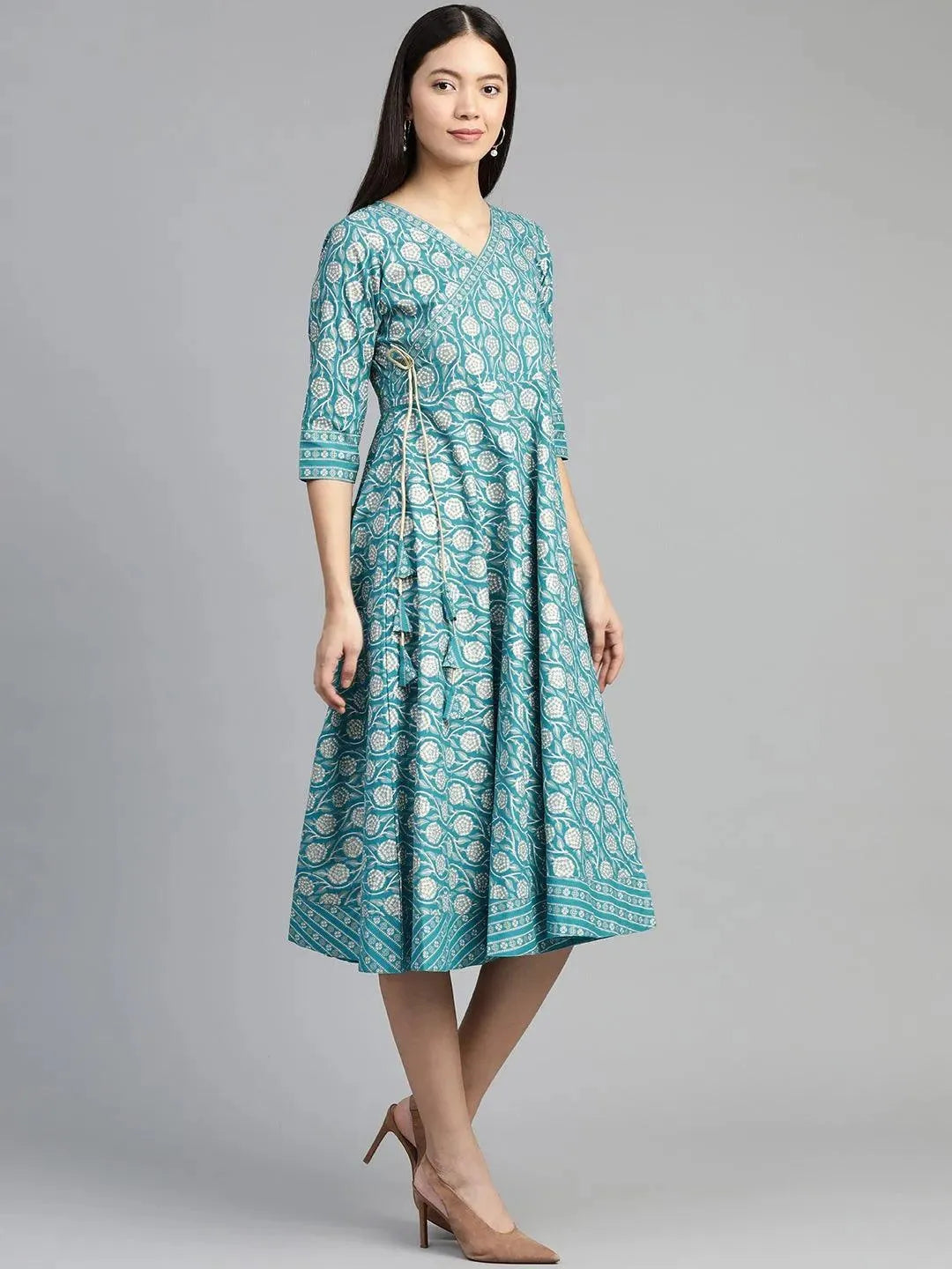 Blue Printed Cotton Dress - Libas 