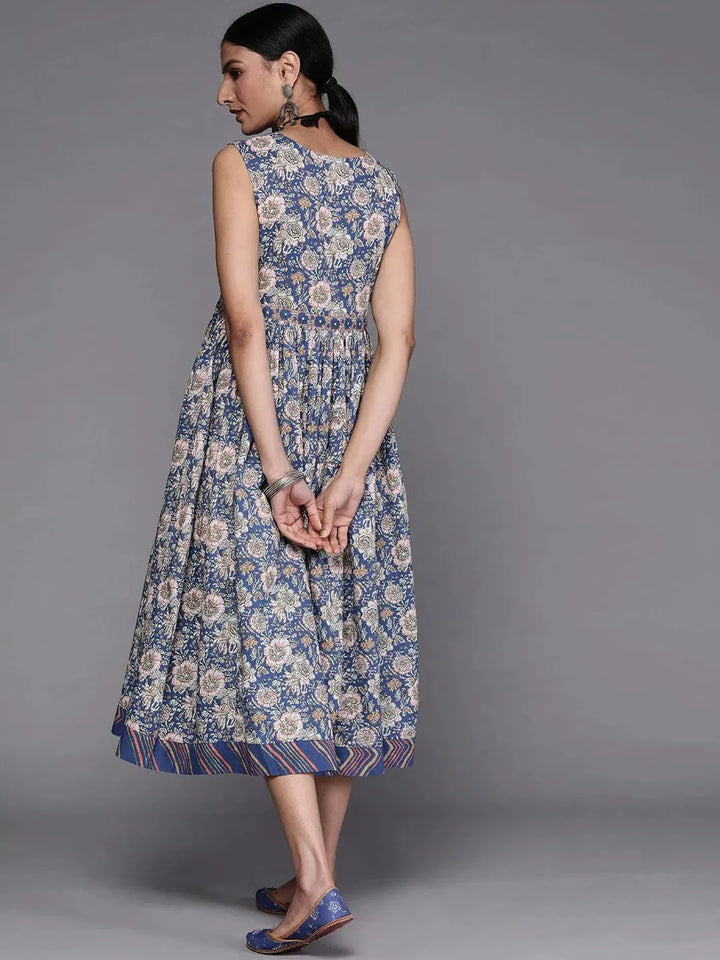 Blue Printed Cotton Dress - Libas
