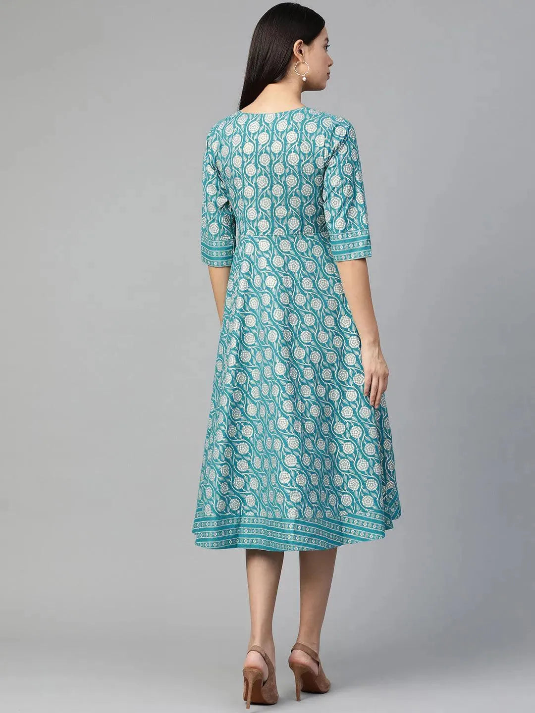 Blue Printed Cotton Dress - Libas 