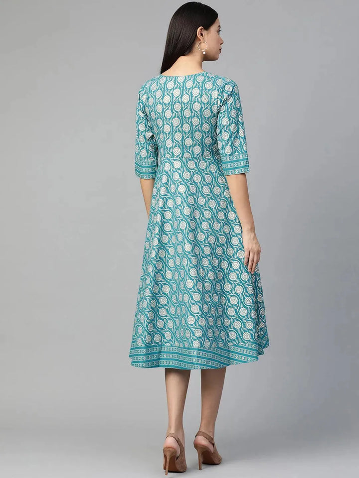 Blue Printed Cotton Dress - Libas