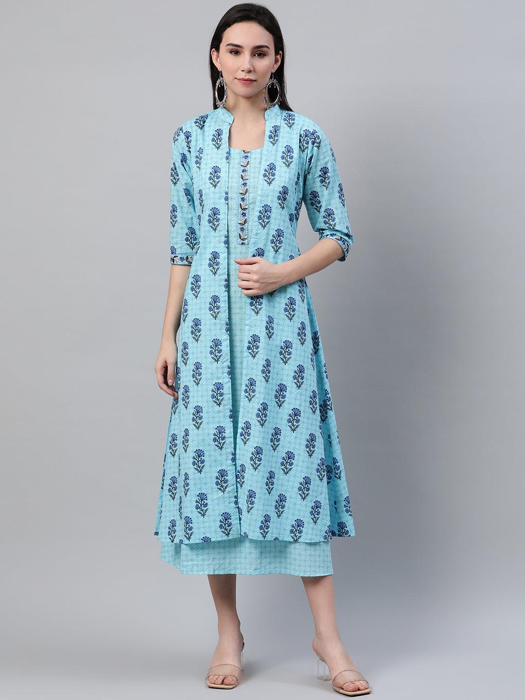 Blue Printed Cotton Dress With Jacket