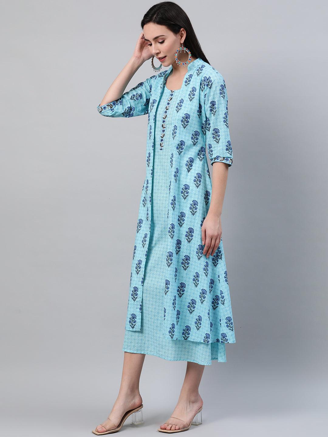 Blue Printed Cotton Dress With Jacket - Libas