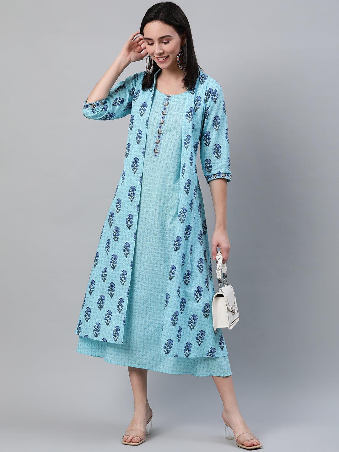 Blue Printed Cotton Dress With Jacket