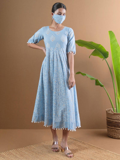 Blue Printed Cotton Dress With Mask - Libas