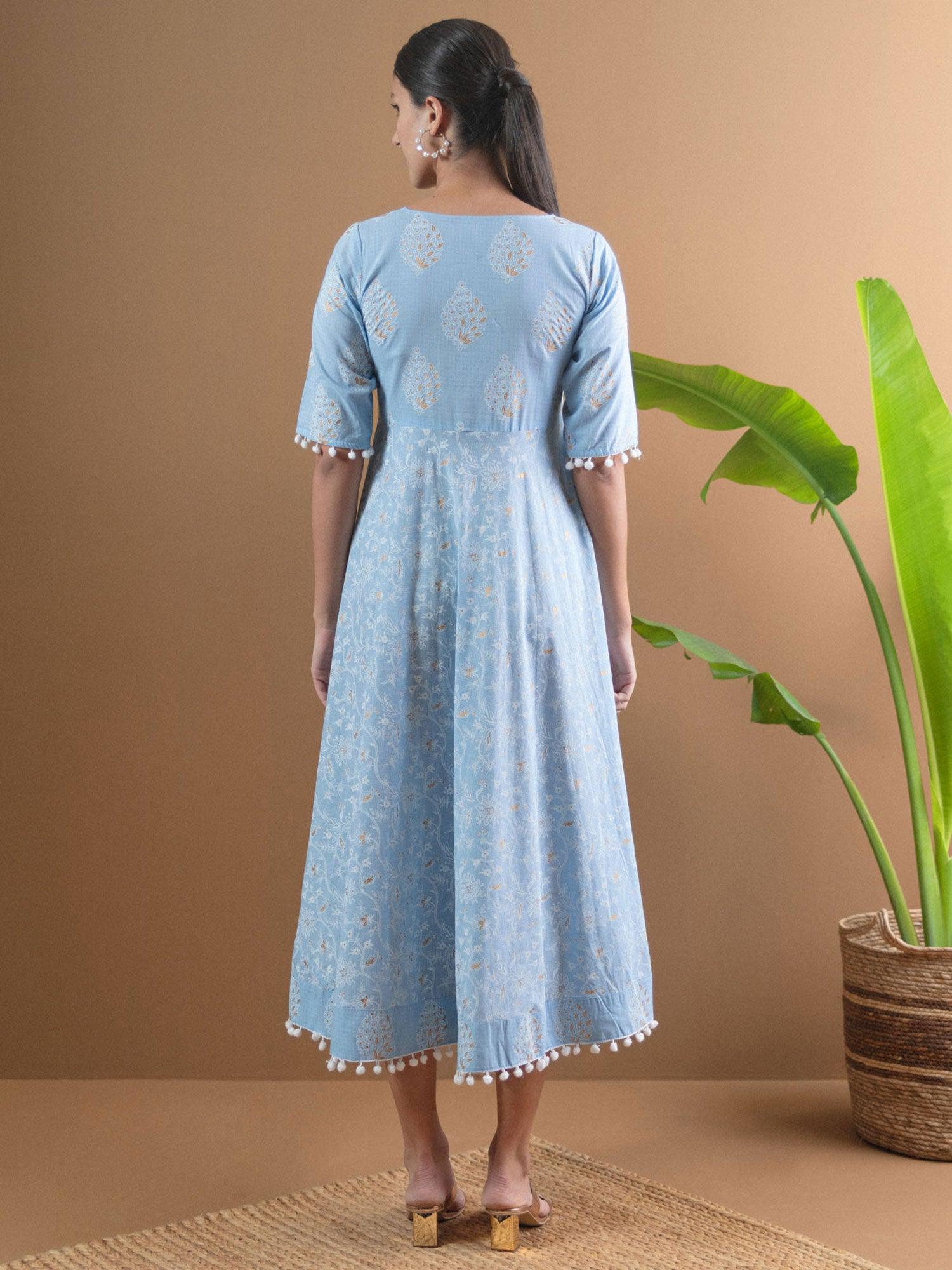 Blue Printed Cotton Dress With Mask