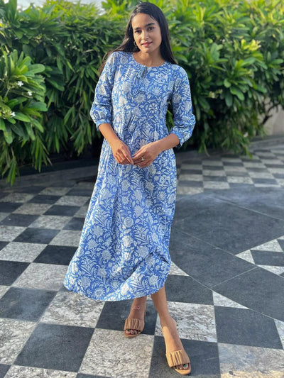 Blue Printed Cotton Empire Dress - Libas