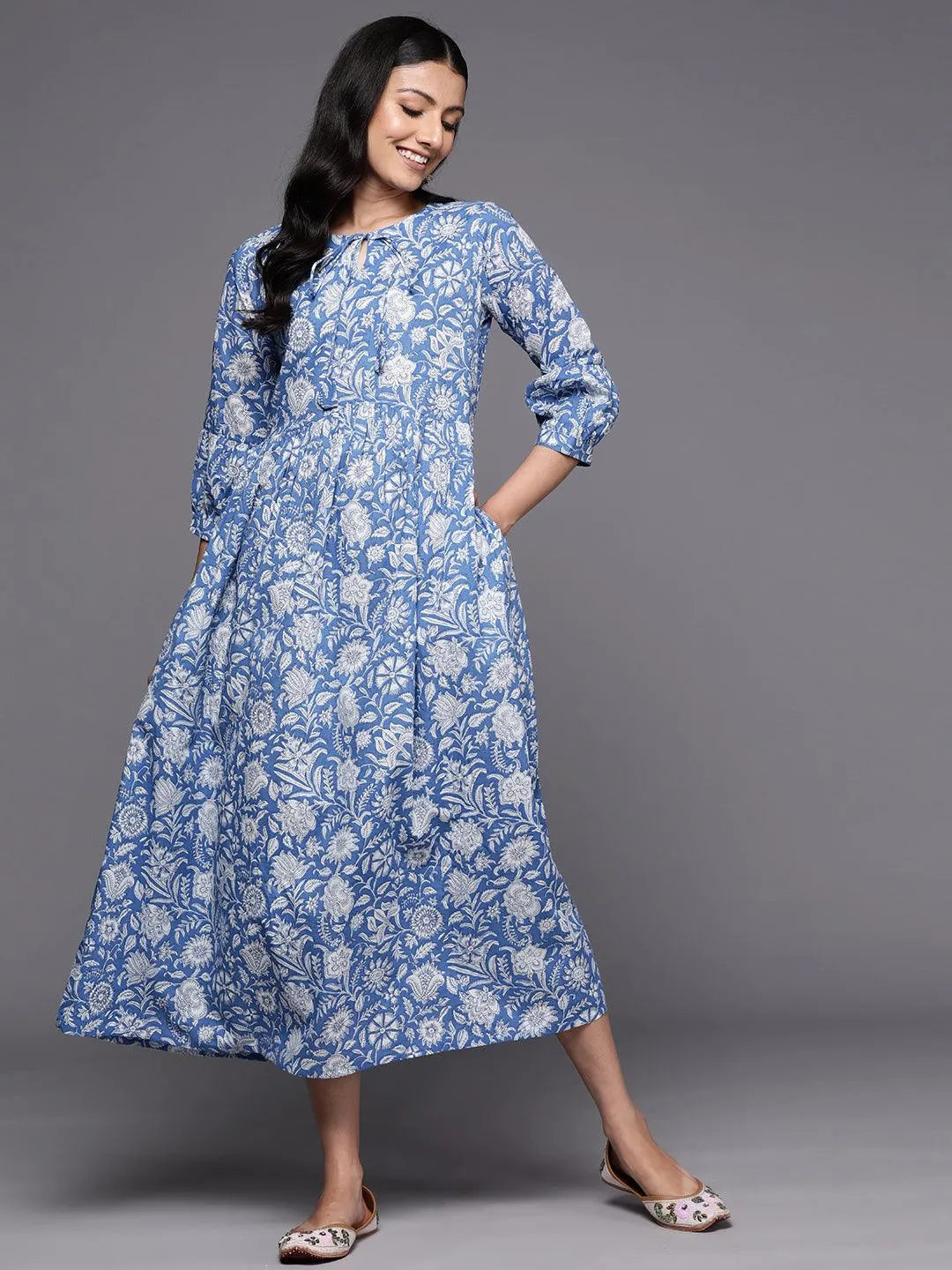 Blue Printed Cotton Empire Dress - Libas 