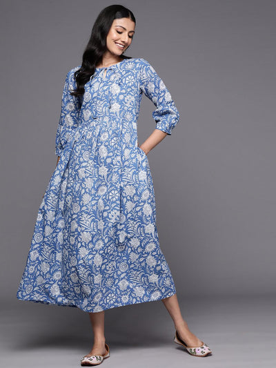 Blue Printed Cotton Empire Dress - Libas