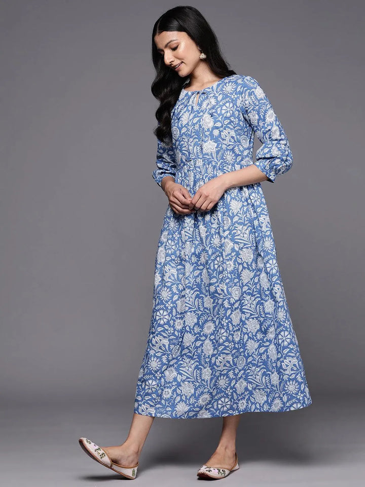 Blue Printed Cotton Empire Dress - Libas