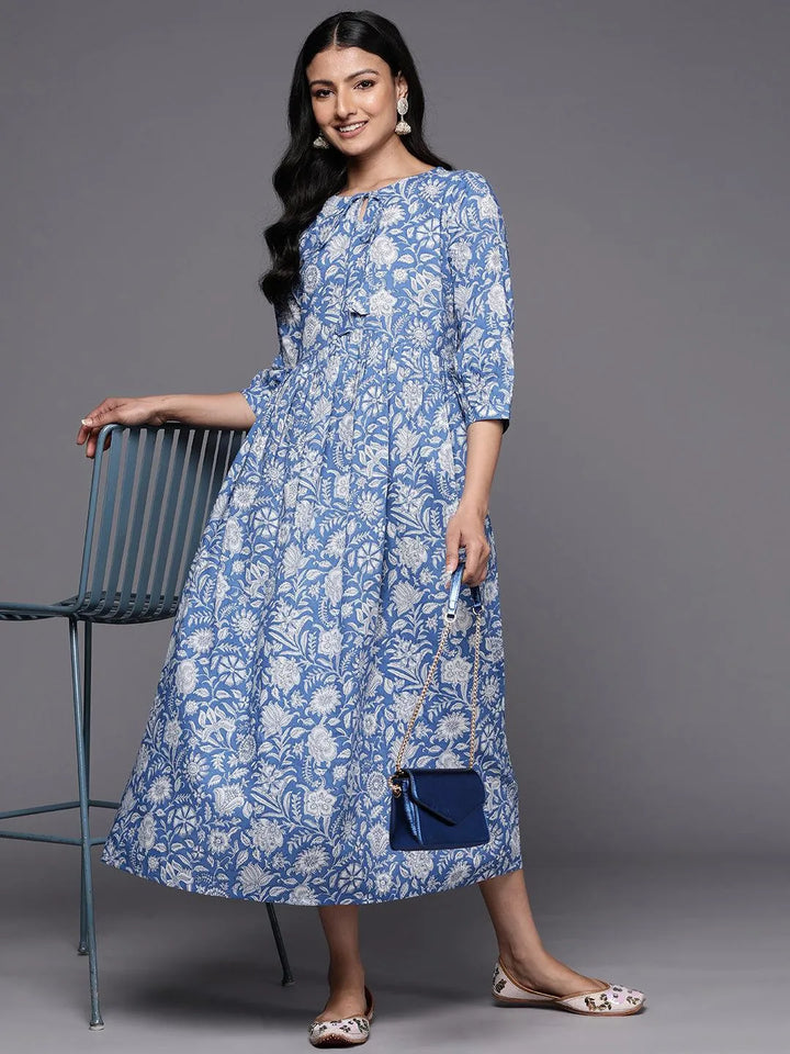 Blue Printed Cotton Empire Dress - Libas