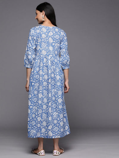 Blue Printed Cotton Empire Dress - Libas