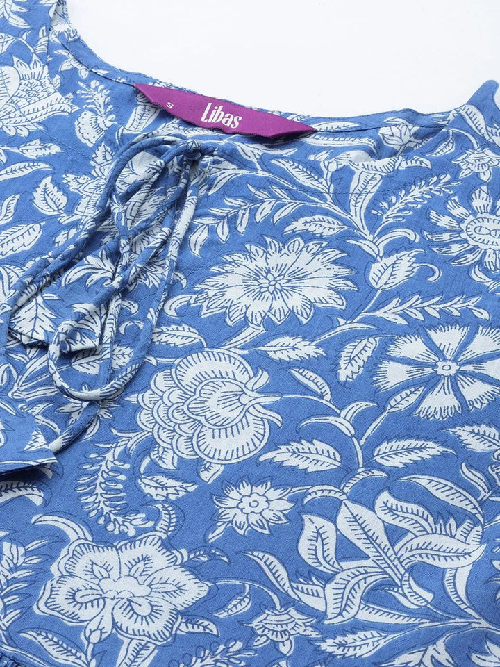 Blue Printed Cotton Empire Dress - Libas