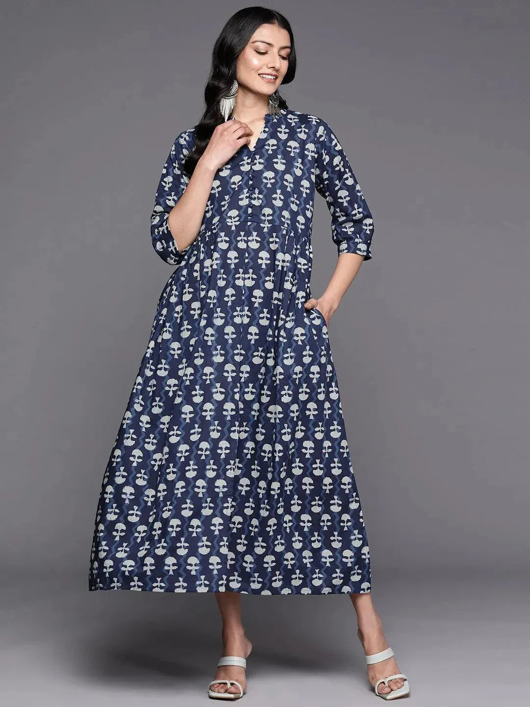 Blue Printed Cotton Fit and Flare Dress - Libas