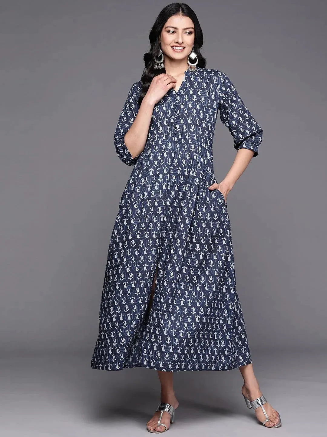 Blue Printed Cotton Fit and Flare Dress - Libas