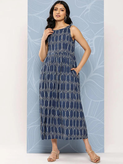 Blue Printed Cotton Fit and Flare Dress - Libas