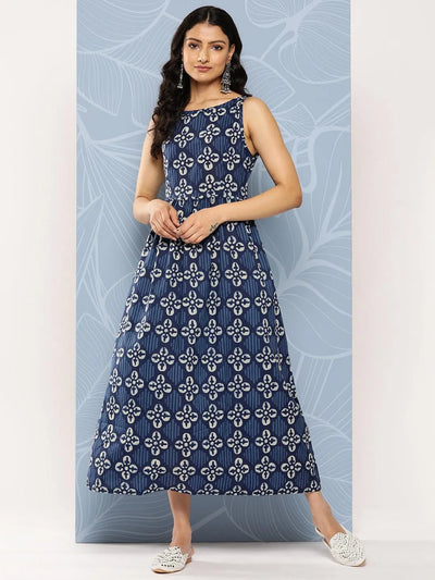 Blue Printed Cotton Fit and Flare Dress - Libas