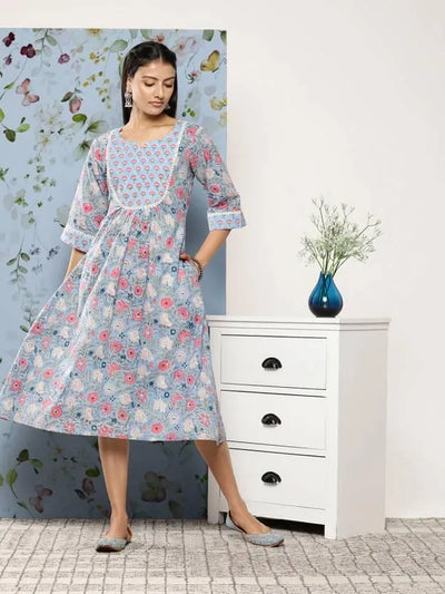 Blue Printed Cotton Fit and Flare Dress - Libas