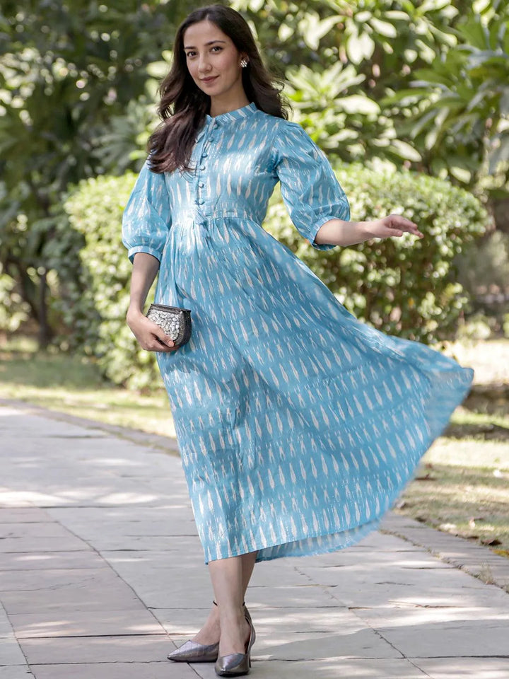 Blue Printed Cotton Fit and Flare Dress - Libas