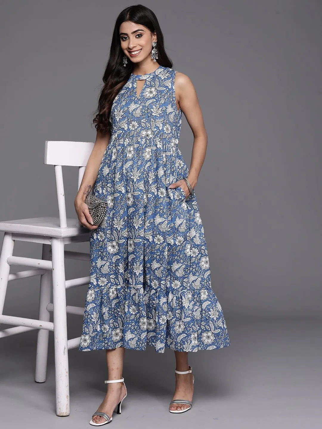 Blue Printed Cotton Fit and Flare Dress - Libas
