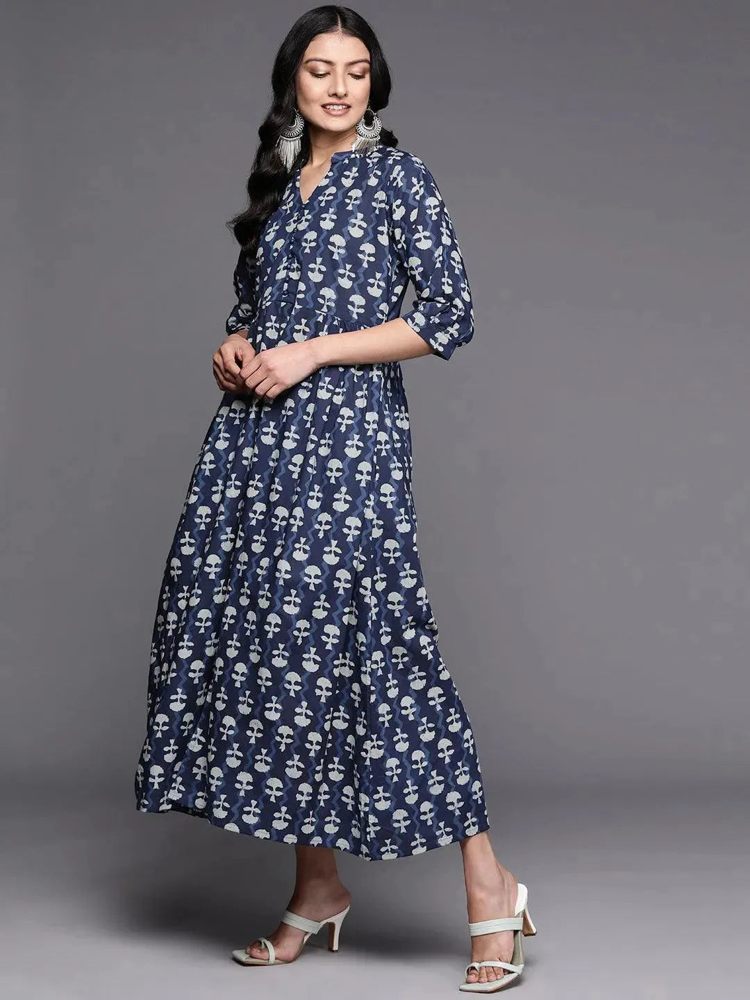 Blue Printed Cotton Fit and Flare Dress - Libas