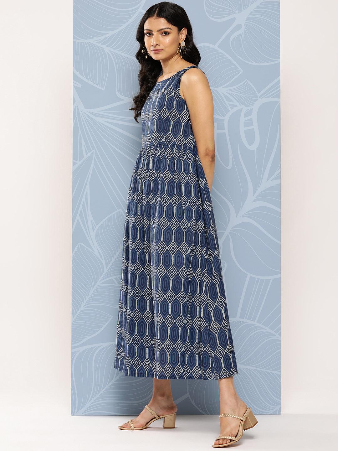 Blue Printed Cotton Fit and Flare Dress
