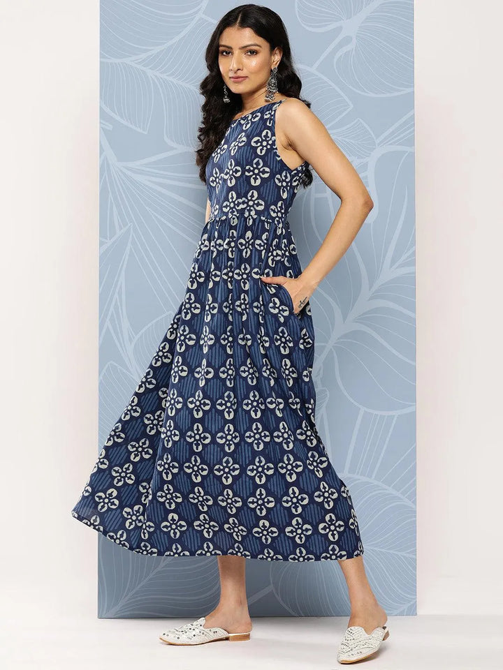 Blue Printed Cotton Fit and Flare Dress - Libas