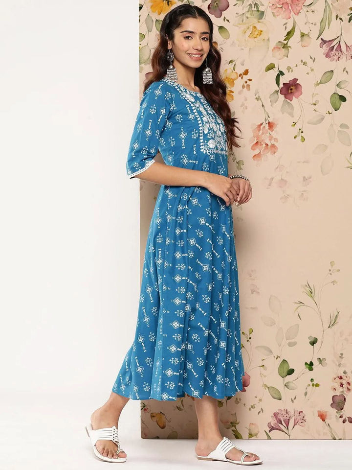 Blue Printed Cotton Fit and Flare Dress - Libas