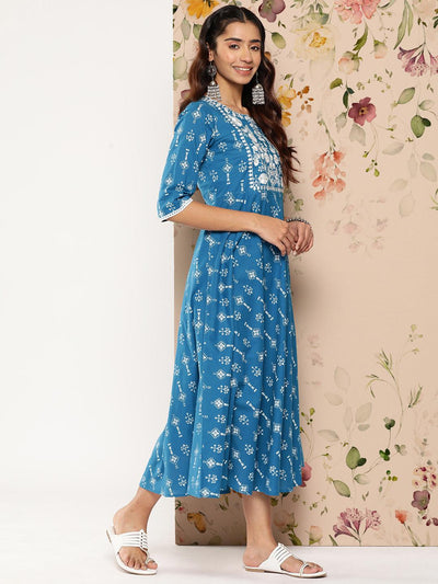 Blue Printed Cotton Fit and Flare Dress - Libas