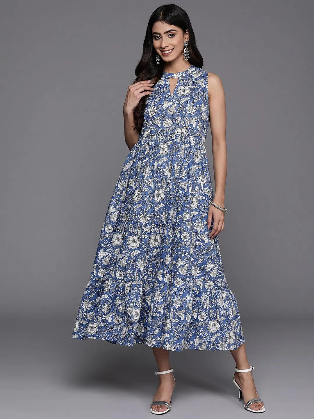 Blue Printed Cotton Fit and Flare Dress - Libas 