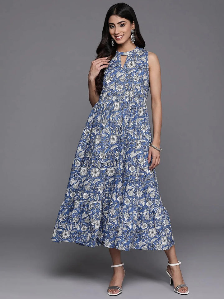 Blue Printed Cotton Fit and Flare Dress - Libas