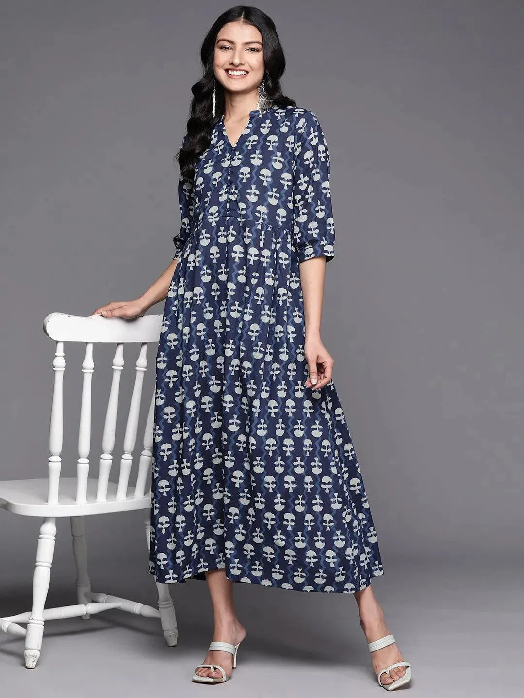 Blue Printed Cotton Fit and Flare Dress - Libas 
