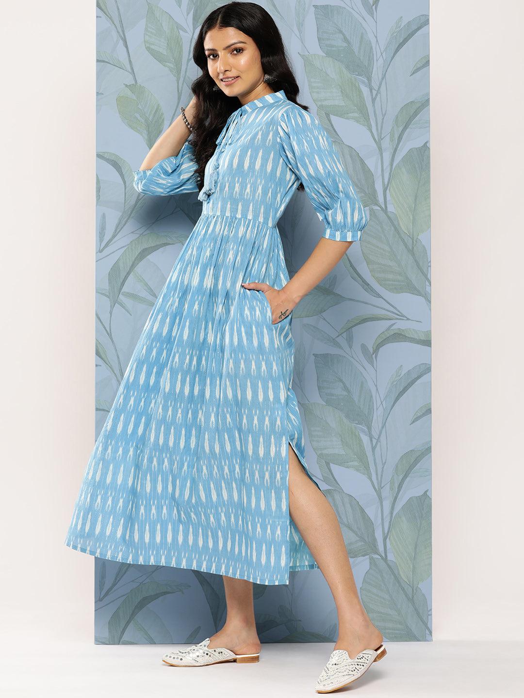 Blue Self Design Cotton Fit and Flare Dress - Libas