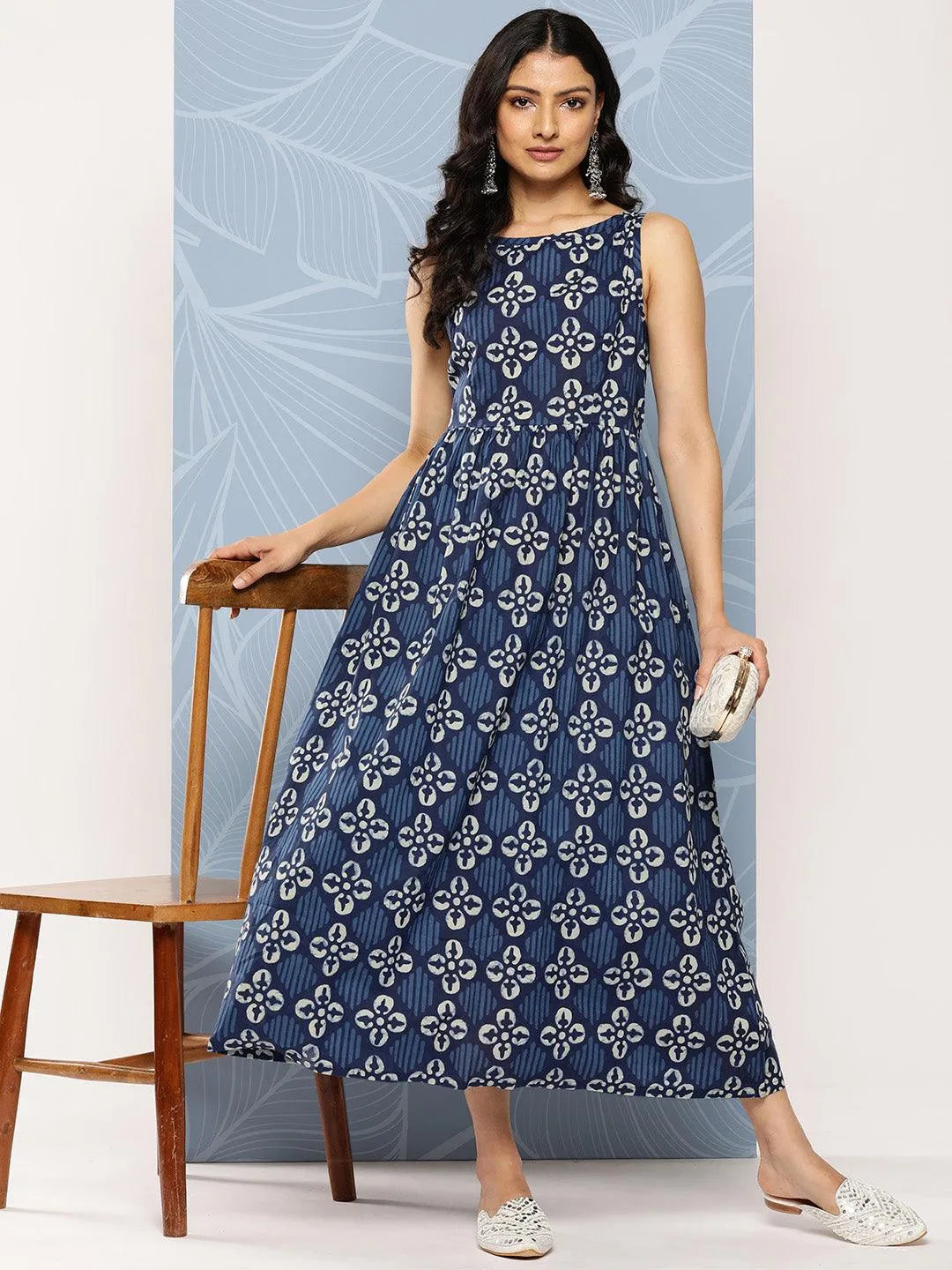 Blue Printed Cotton Fit and Flare Dress - Libas 