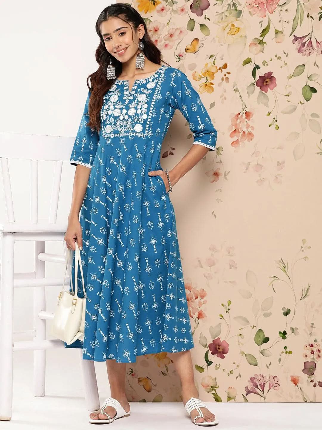 Blue Printed Cotton Fit and Flare Dress - Libas 