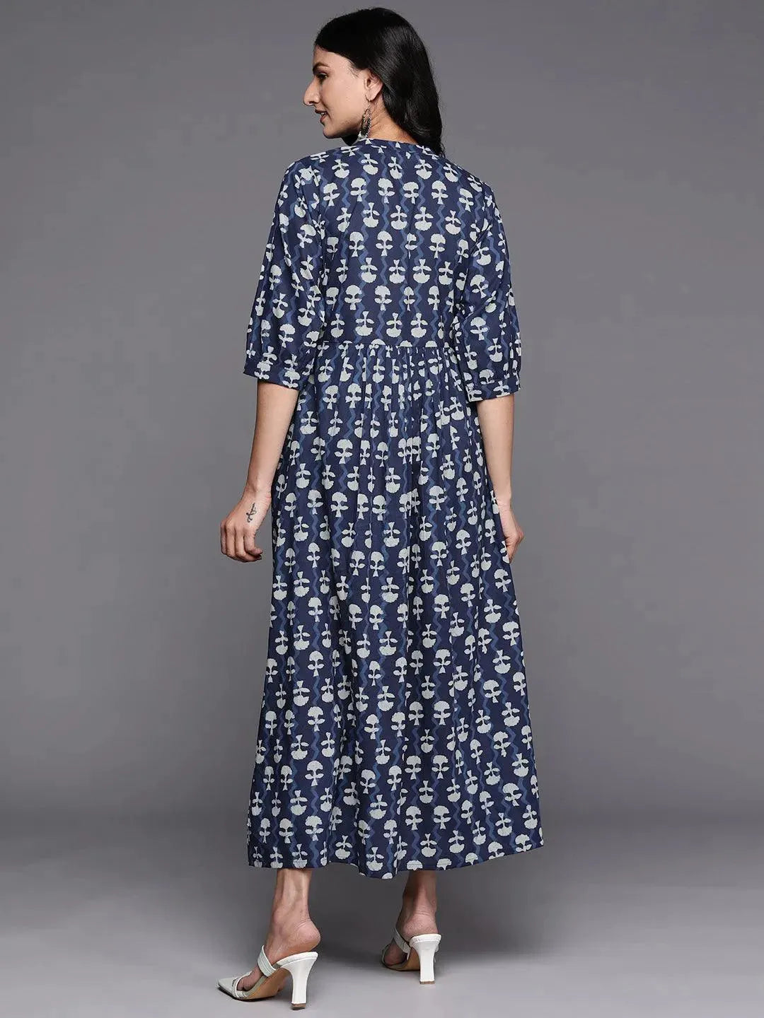 Blue Printed Cotton Fit and Flare Dress - Libas 