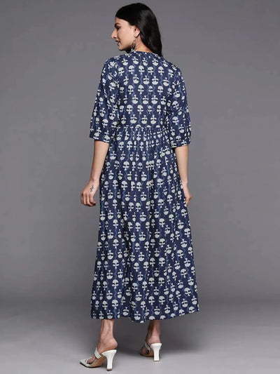 Blue Printed Cotton Fit and Flare Dress - Libas