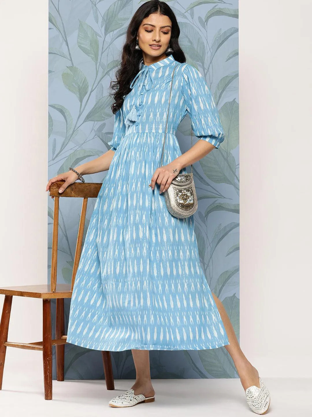 Blue Self Design Cotton Fit and Flare Dress - Libas 