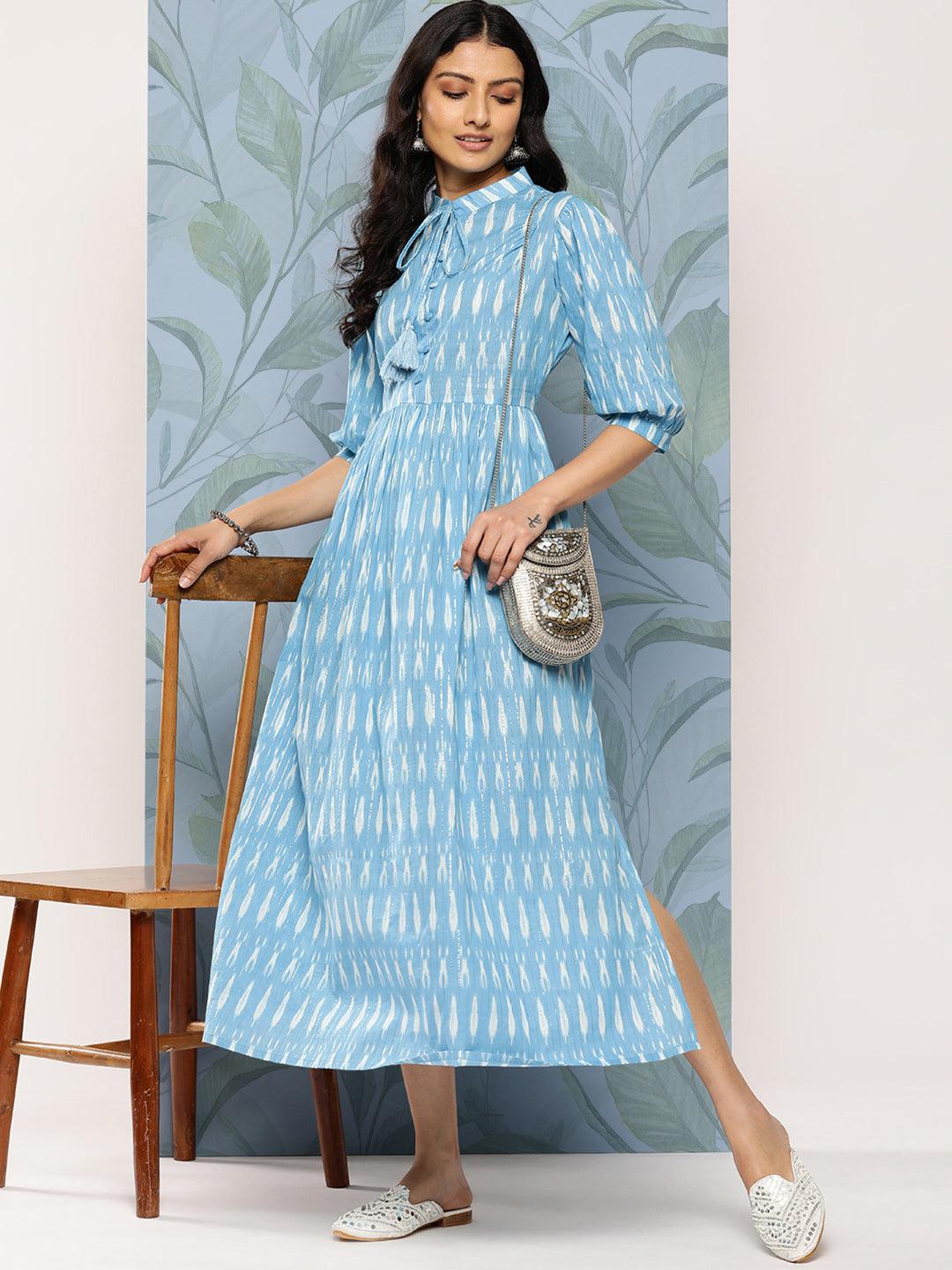 Blue Self Design Cotton Fit and Flare Dress - Libas