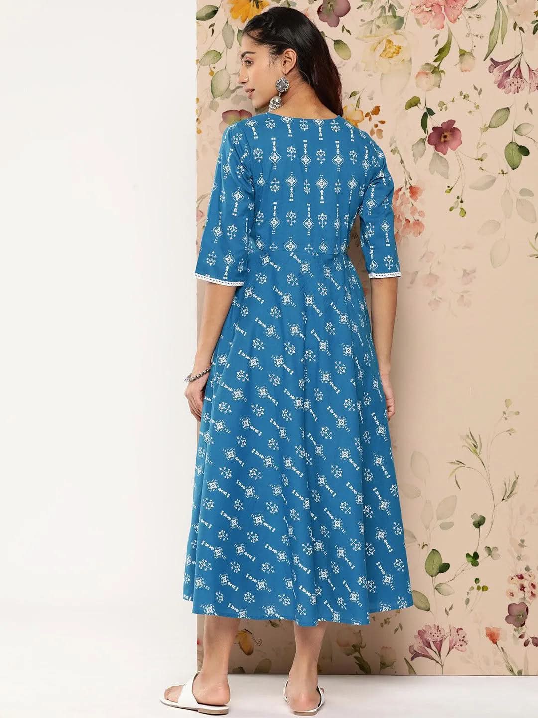 Blue Printed Cotton Fit and Flare Dress - Libas 