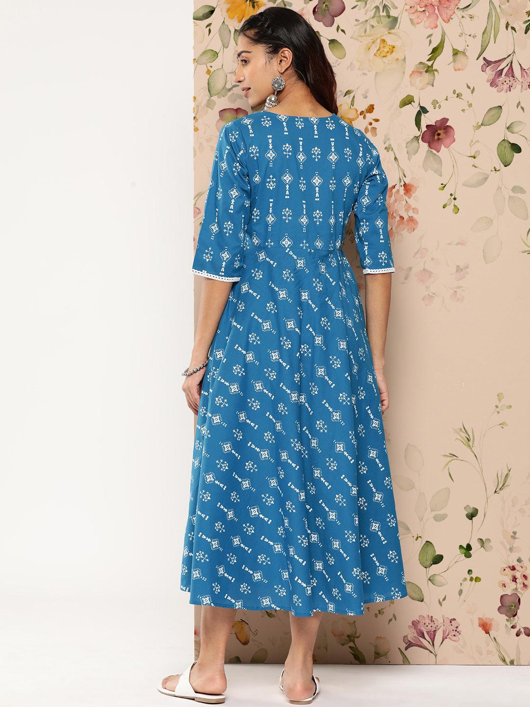 Blue Printed Cotton Fit and Flare Dress - Libas