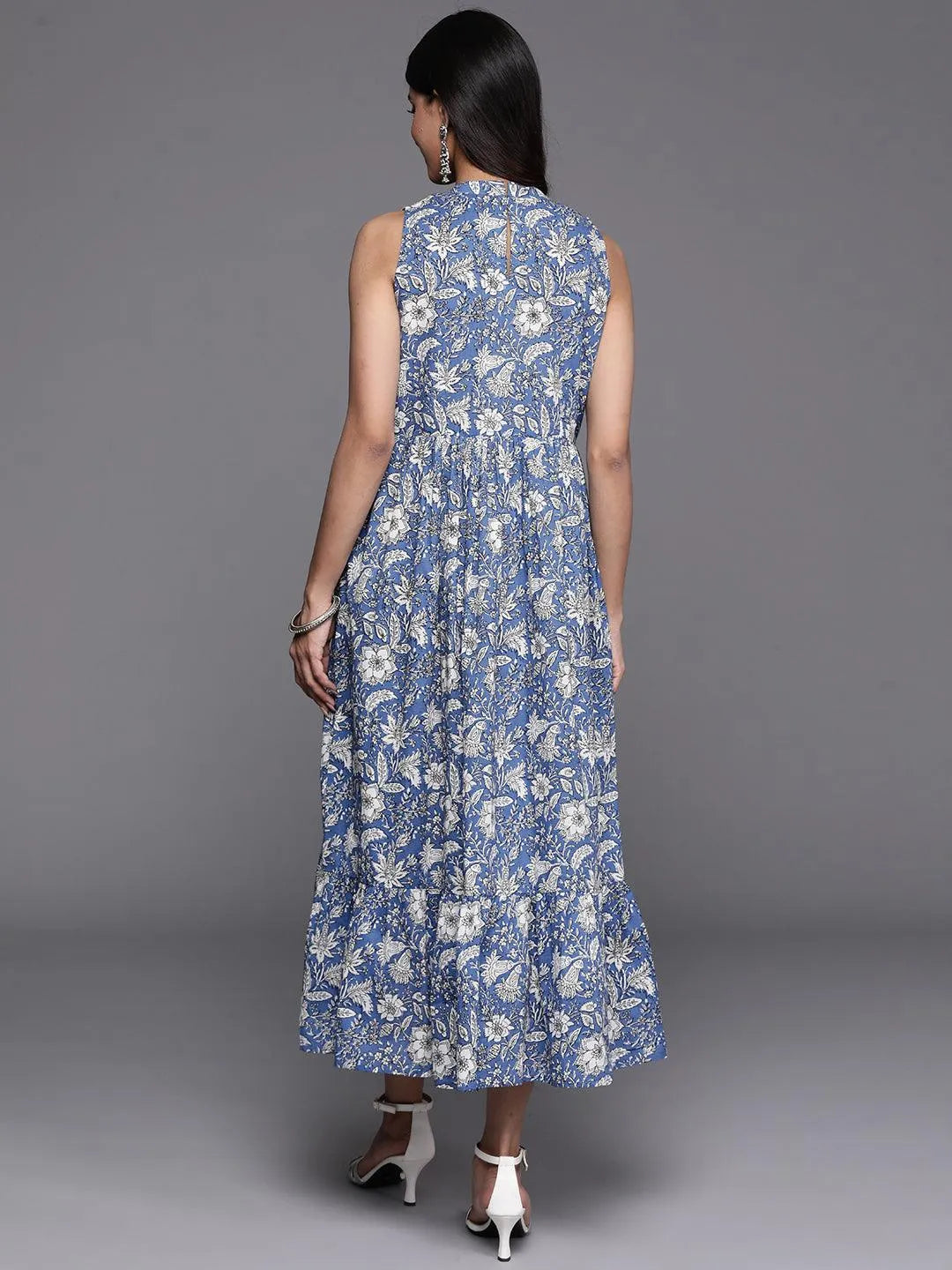 Blue Printed Cotton Fit and Flare Dress - Libas 