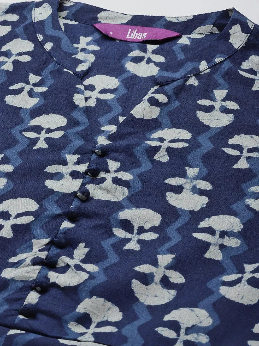 Blue Printed Cotton Fit and Flare Dress - Libas 